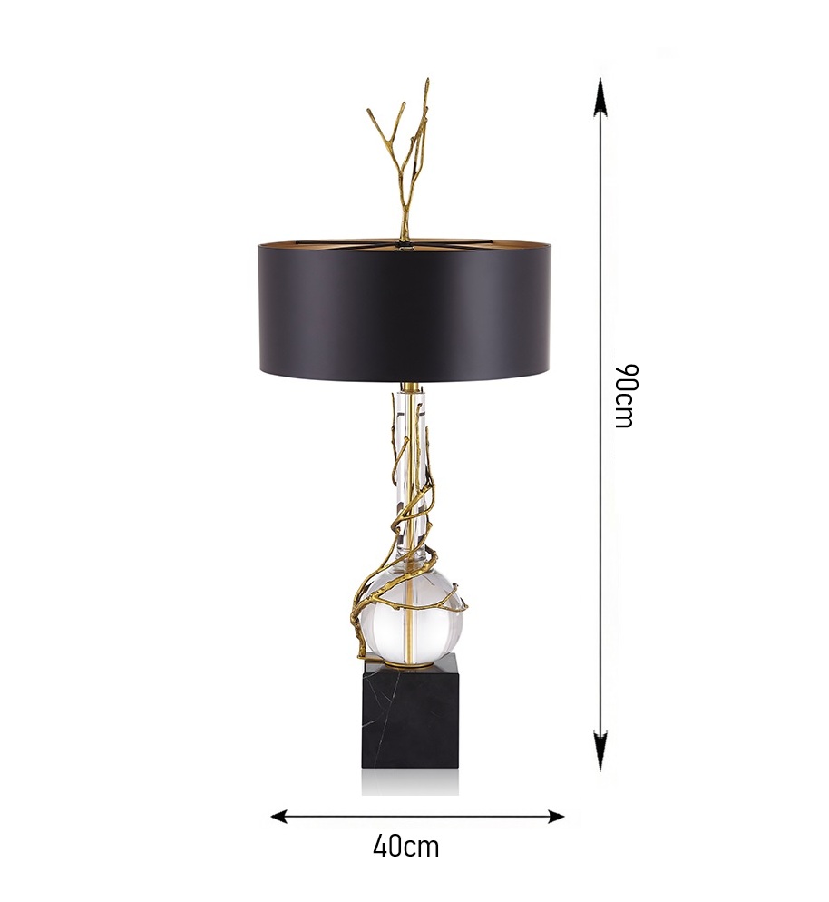 Elegant Gold Branch-Inspired Table Lamp with Black Shade, Crystal Ball Accent & Marble Base - Image 5