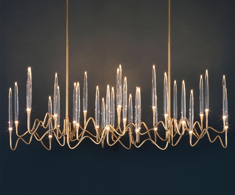 crystal wave chandelier, modern linear chandelier, gold wave pendant light, crystal spike chandelier,