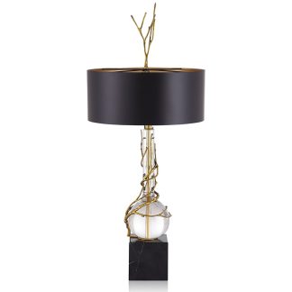 Elegant Gold Branch-Inspired Table Lamp with Black Shade, Crystal Ball Accent & Marble Base