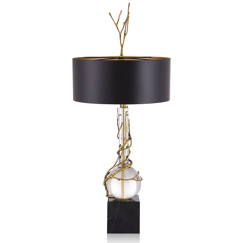Elegant Gold Branch-Inspired Table Lamp with Black Shade, Crystal Ball Accent & Marble Base