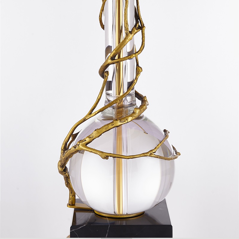 Elegant Gold Branch-Inspired Table Lamp with Black Shade, Crystal Ball Accent & Marble Base