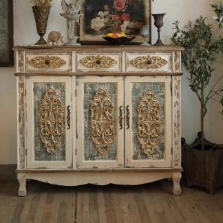 Distressed Ornate Sideboard - French Country Style Dining Room Buffet with Embossed Floral Panels & Rustic Charm