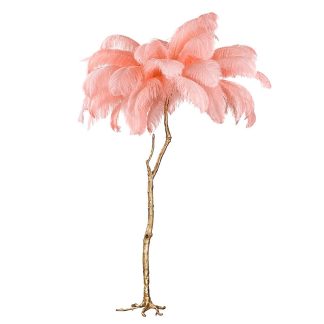 Elegant Pink Ostrich Feather Floor Lamp with Gold Branch Base – Luxury Statement Lighting for Modern & Boho Interiors