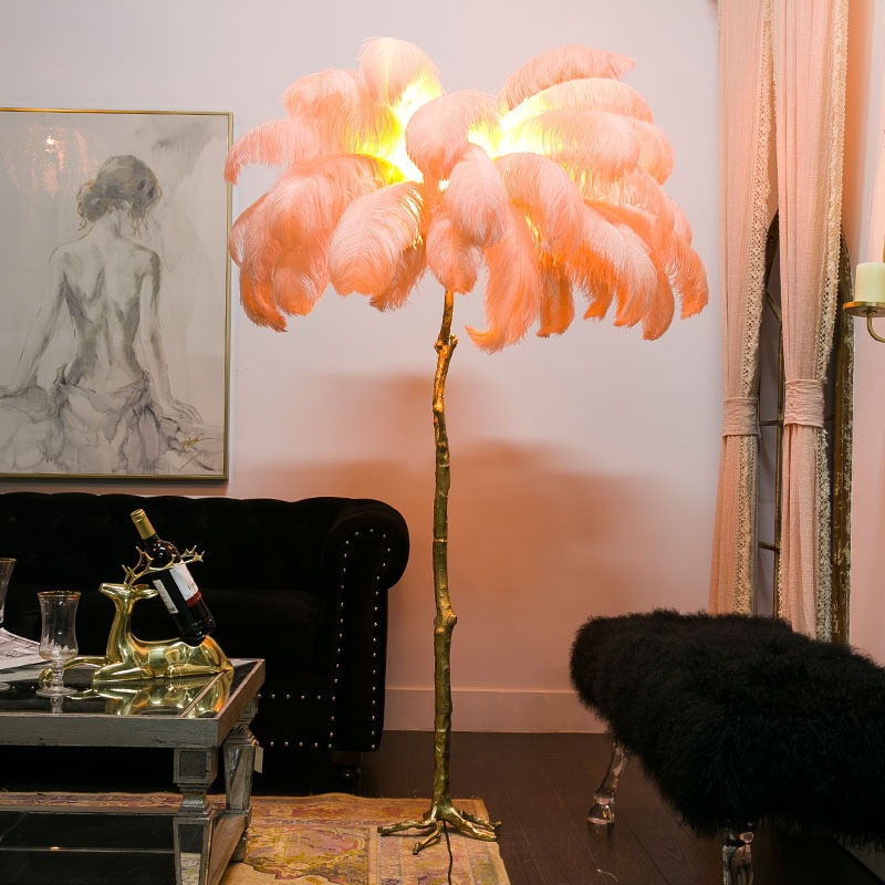 Elegant Pink Ostrich Feather Floor Lamp with Gold Branch Base – Luxury Statement Lighting for Modern & Boho Interiors - Image 2