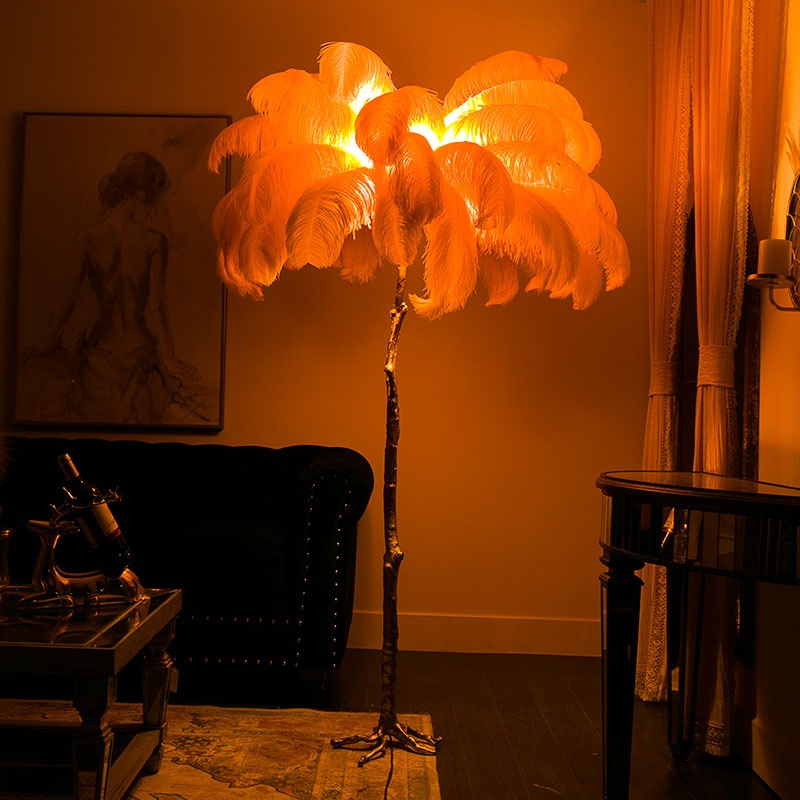 Elegant Pink Ostrich Feather Floor Lamp with Gold Branch Base – Luxury Statement Lighting for Modern & Boho Interiors - Image 3