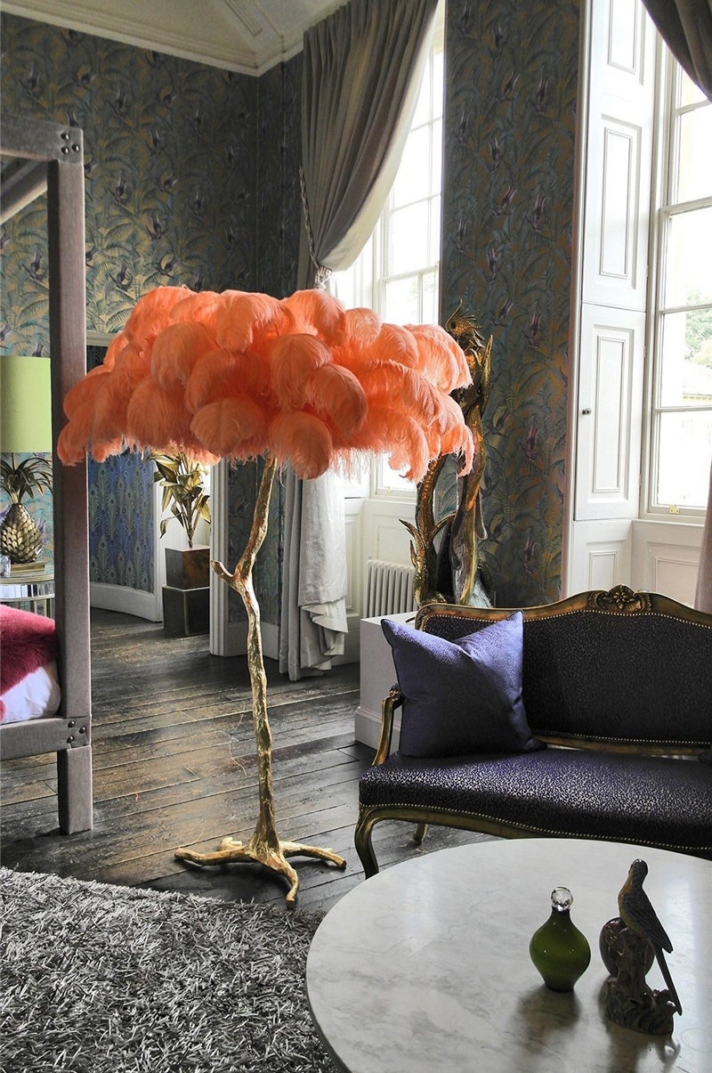 Elegant Pink Ostrich Feather Floor Lamp with Gold Branch Base – Luxury Statement Lighting for Modern & Boho Interiors - Image 7