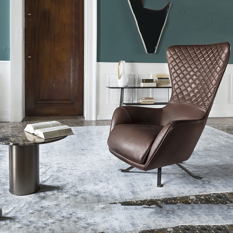 Luxury Contemporary Lounge Chair – Brown Leather High-Back Accent Chair with Metal Base