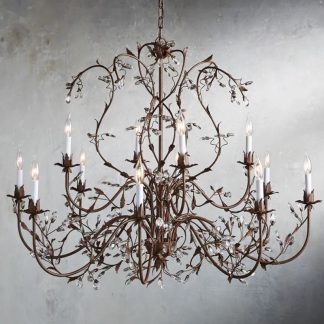 12-Light Vine & Crystal Chandelier – Rustic Iron Branch Design for Dining Room, Foyer, or Luxury Home Decor