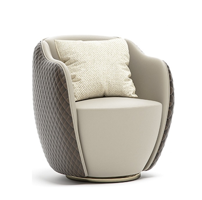 Contemporary Curved Back Lounge Chair – Beige & Grey Tufted Swivel Chair