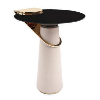 Round Side Table with Black Glass Top and Leather-Wrapped Metal Base